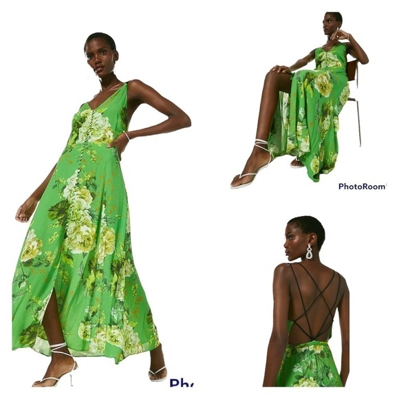 KAREN MILLEN Green Floral Printed Viscose Button Down Strappy Maxi Dress Size 8 - Picture 1 of 11